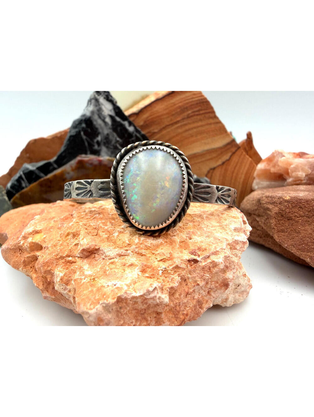 Vintage Sterling Silver Opal Cuff Bracelet